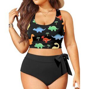 Tempt Me Plus Size 16 Bikini Set Womens Dino Print Crop Top Black High Waisted